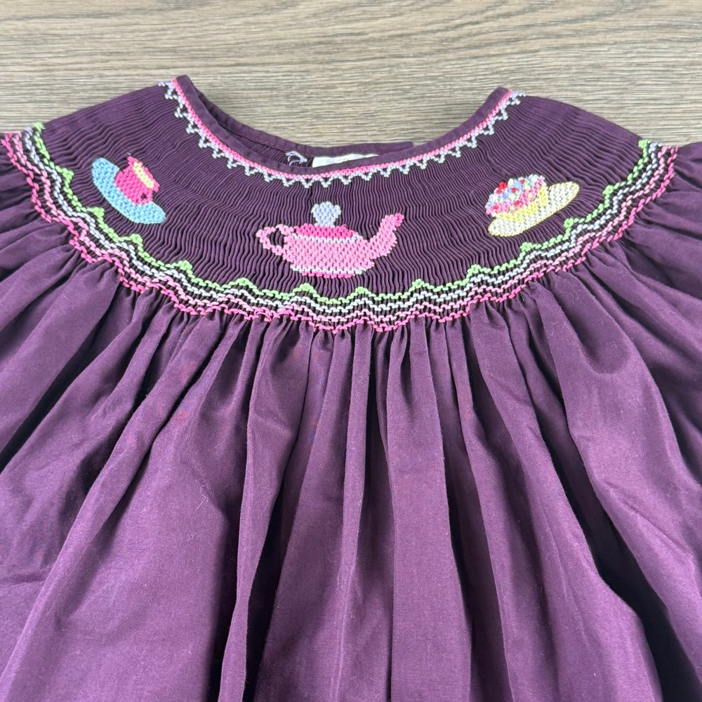 Rosalina Collections Girls 5Y Purple Smocked Bishop Dress Embroidered Tea Party